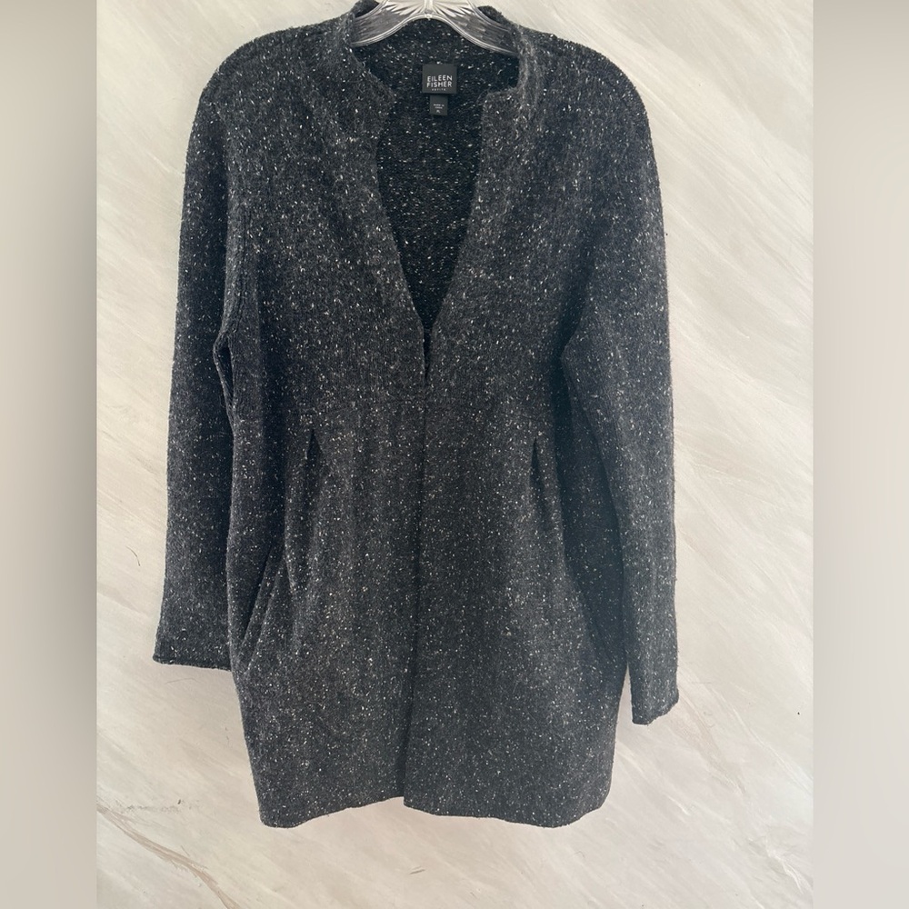 Eileen Fisher PL  gray speckled lambs wool angora silk cardigan sweater pockets